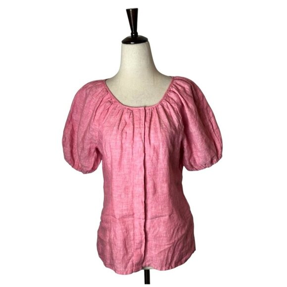 J Crew Shirt Women 0 Pink Linen V Back Short Puff Sleeve Top Preppy Lagenlook - Picture 4 of 14